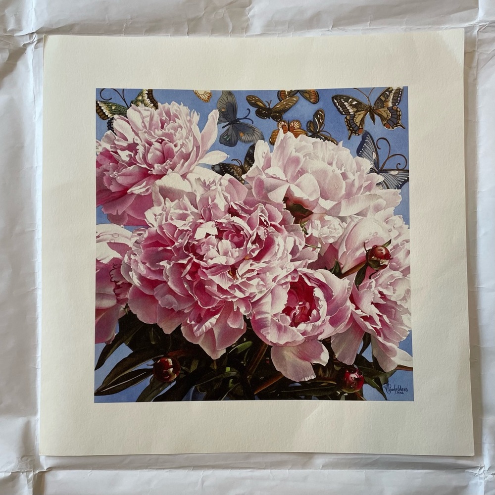 Beautiful 2001 Vivian Thierfelder Peonies and Butterflies high quality print